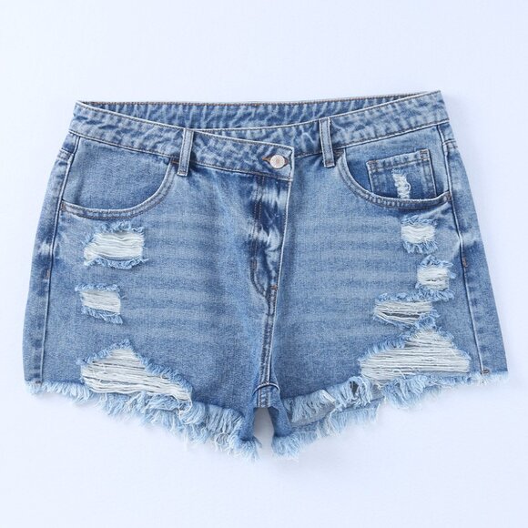 B235 Sky Blue High Rise Crossover Waist Denim Shorts - Picture 10 of 11